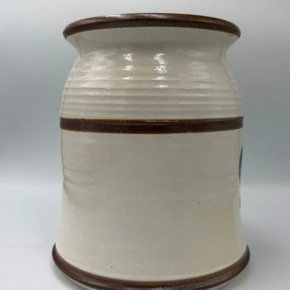 Handmade Stoneware Heart Crock Kitchen Utensil Holder Cream Blue Signed